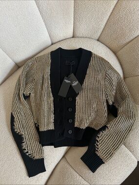 RtA Black and Gold Distressed Open-Weave Button Cardigan